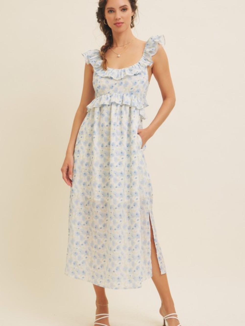 Romantic Floral Slit Midi Dress With Ruffles